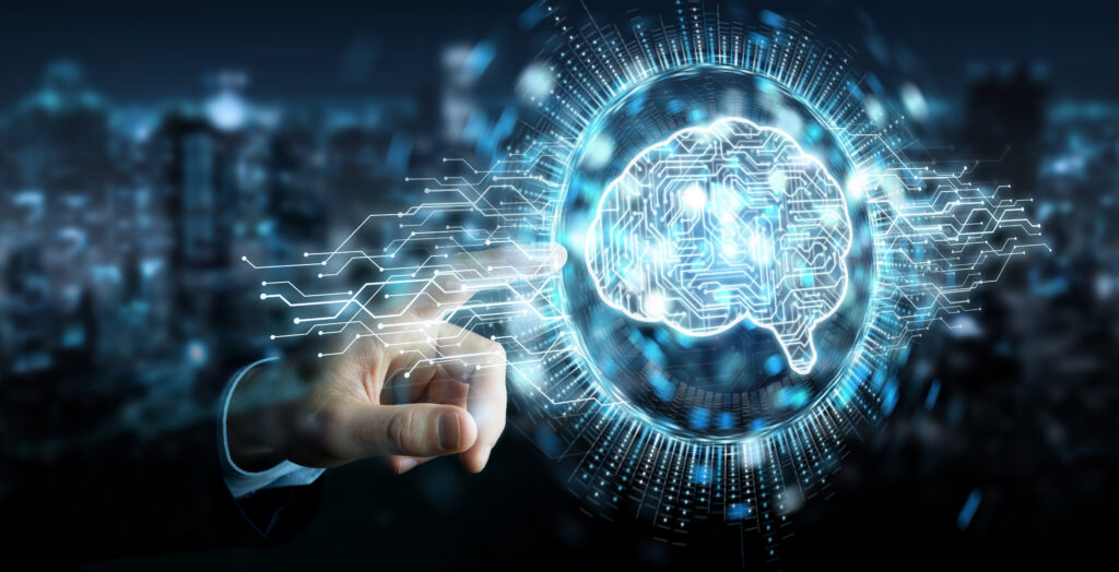 Businessman,On,Blurred,Background,Using,Digital,Artificial,Intelligence,Icon,Hologram